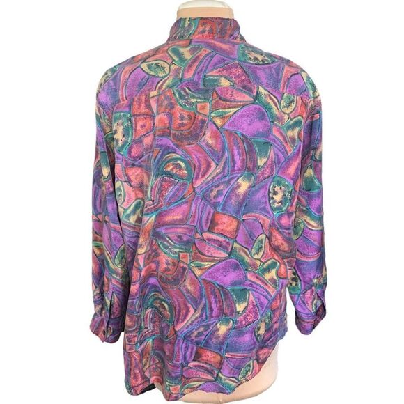 Vintage Diana Marco Shirt Abstract Print Purple Silk Button Up Long Sleeve - Picture 6 of 9